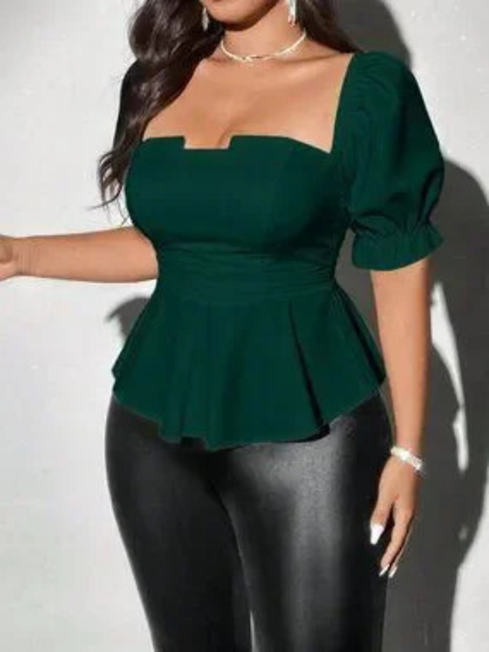Dark Green Casual Women's Plus Size Pleated Shirt